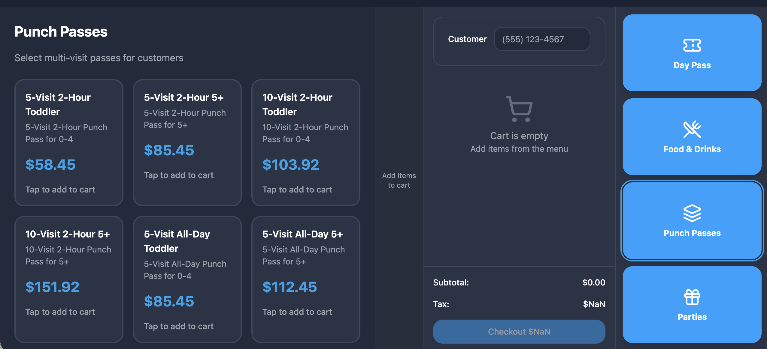 Wigglo playground POS showing passes, memberships, parties and café ordering